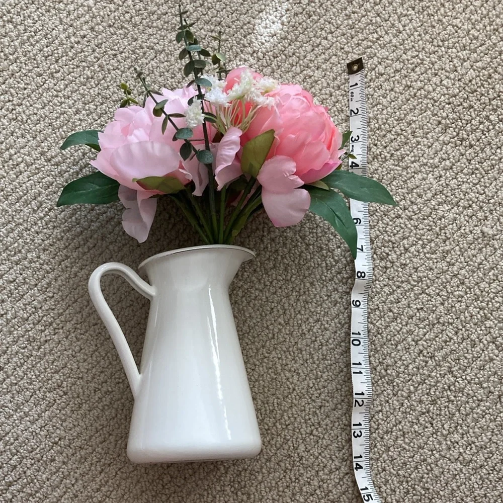 IKEA Faux Pink Flower Bouquet with Farmstyle Pitcher Vase Cream Center Piece